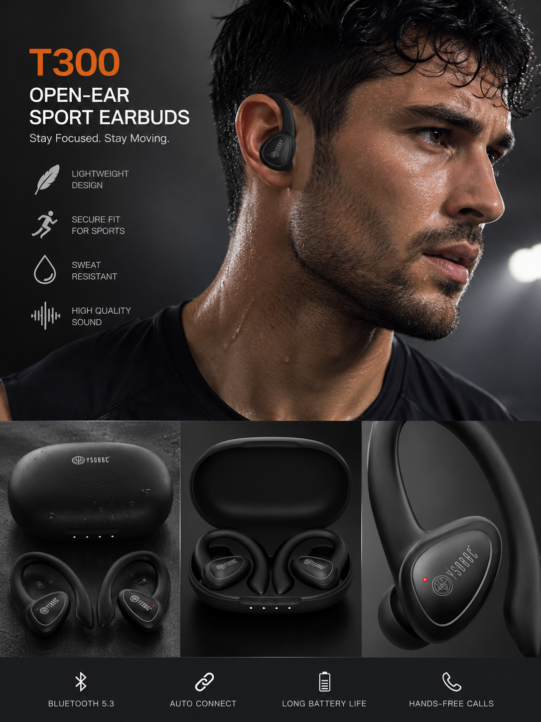 T300 Open-Ear Sport Wireless Earbuds with Charging Case | Lightweight Ear Hook Design